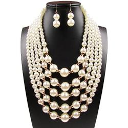 Yuhuan Women Elegant Pearl Jewelry Set Bead Cluster Collar Bib Choker Necklace and Earrings(Ivory)