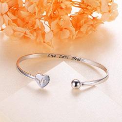925 Sterling Silver Adjustable Open Cuff Heart Bangle Bracelet for Women Girls Inspirational Gift