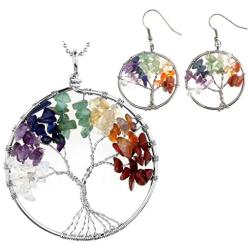 JOVIVI 7 Chakras Healing Crystal Quartz Tree of Life Necklace & Earrings Jewelry Set,Mothers Day Gifts