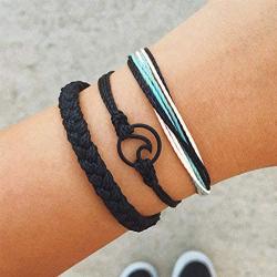 Vsco Wave Bracelet Charm Handmade Braided Wax Rope Wave Bracelet Adjustable Waterproof String Strand Wrap for Women Girls Summer Beach Jewelry Set