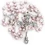 Catholic Silver Swarovski Pearl Rosary Necklace with Rose Detailed 2''L Crucifix Pendant (Italian Made)