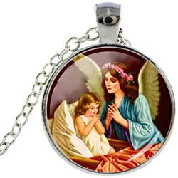 Necklace / Guardian Angels Art Under Glass Silver Color Pendant Necklace