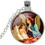 Necklace / Guardian Angels Art Under Glass Silver Color Pendant Necklace