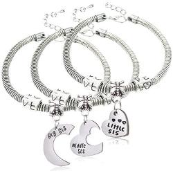 lauhonmin 3pcs Big Sis Middle Sis Little Sis Love Heart Charm Pendant Bracelet Set Family Jewelry Gift for Sister