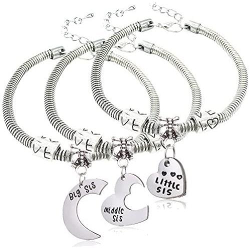 lauhonmin 3pcs Big Sis Middle Sis Little Sis Love Heart Charm Pendant Bracelet Set Family Jewelry Gift for Sister
