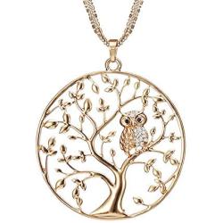 Ouran Necklace for Women,Tree of Life with Owl Pendant Necklace Girls CZ Crystal Necklace Long Chain Necklace