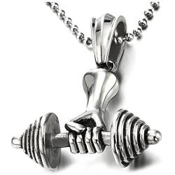 Mens Steel Hand Weight Lifting Barbell Dumbbell Pendant Necklace with 30 inches Ball Chain