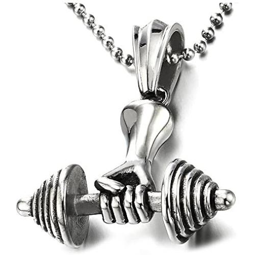 Mens Steel Hand Weight Lifting Barbell Dumbbell Pendant Necklace with 30 inches Ball Chain