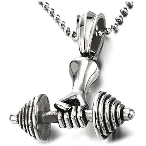 Mens Steel Hand Weight Lifting Barbell Dumbbell Pendant Necklace with 30 inches Ball Chain