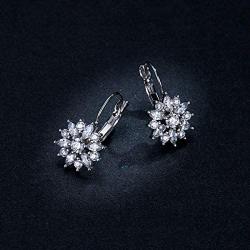 BAMOER 18K Rose Gold Plated Cubic Zirconia Snowflake Lever Back Earrings Necklace Set for Women CZ Jewelry Set