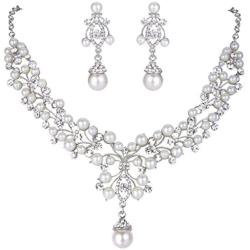 EVER FAITH Flower Simulated Pearl Wedding Jewelry Set Clear Austrian Crystal