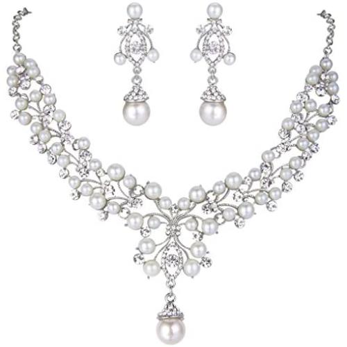 EVER FAITH Flower Simulated Pearl Wedding Jewelry Set Clear Austrian Crystal