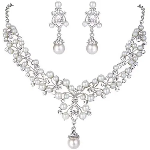 EVER FAITH Flower Simulated Pearl Wedding Jewelry Set Clear Austrian Crystal