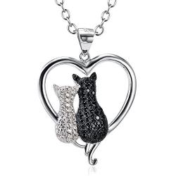 Angel caller Cat Necklaces 925 Sterling Silver Jewelry Cute Double Two-Tone Cat Pendant Cubic Zirconia Necklace Rolo Chain,Eternal Love Heart Necklace for Women,Girls