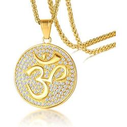 Mens Buddha Namaste Ohm Om Aum Sanskrit Symbol Medallion Pendant Necklace with CZ,Hindu Yoga Jewelry