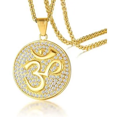 Mens Buddha Namaste Ohm Om Aum Sanskrit Symbol Medallion Pendant Necklace with CZ,Hindu Yoga Jewelry