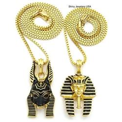 Shiny Jewelers USA Mens Ancient Egyptian Anubis Pharaoh Ankh Cross Hip Hop Pendant Box Chain Necklace Set