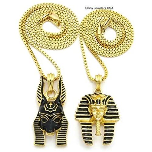 Shiny Jewelers USA Mens Ancient Egyptian Anubis Pharaoh Ankh Cross Hip Hop Pendant Box Chain Necklace Set