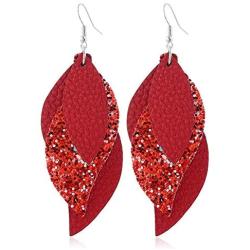 Leather Earrings 3 Layered Lightweight Faux Leather Leaf Earrings Layered Glitter Design Drop Earrings Fashion Retro Sequin Shining Statement Dangle Earring for Women Girl Jewelry