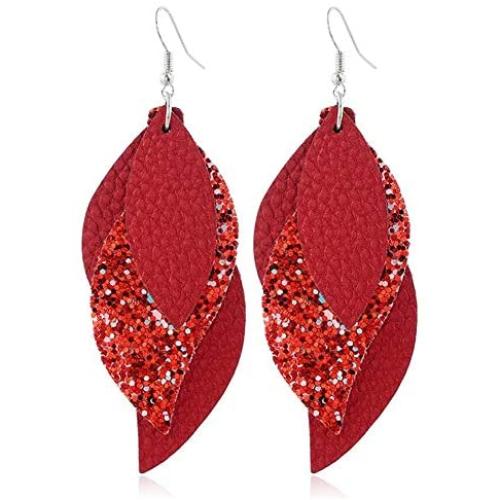 Leather Earrings 3 Layered Lightweight Faux Leather Leaf Earrings Layered Glitter Design Drop Earrings Fashion Retro Sequin Shining Statement Dangle Earring for Women Girl Jewelry