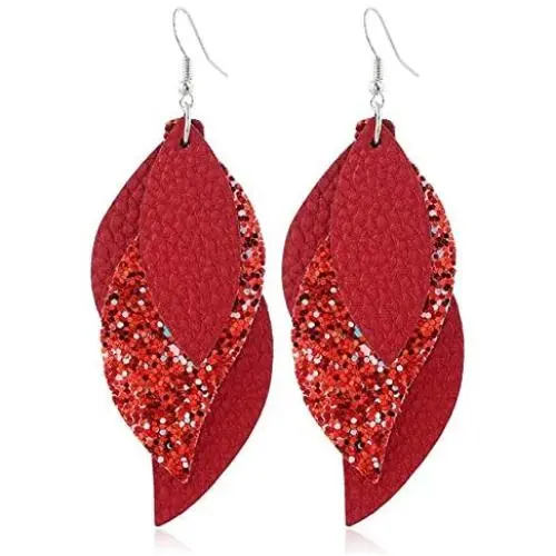 Leather Earrings 3 Layered Lightweight Faux Leather Leaf Earrings Layered Glitter Design Drop Earrings Fashion Retro Sequin Shining Statement Dangle Earring for Women Girl Jewelry Leather Earrings 3 Layered Lightweight Faux Leather Leaf Earrings Layered Glitter Design Drop Earrings Fashion Retro Sequin Shining Statement Dangle Earring for Women Girl Jewelry