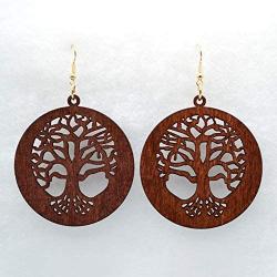 2 Pairs Bohemian Lightweight Wooden Tree of Life Dangle Earrings Handmade Teardrop Round Wood Earrings for Women