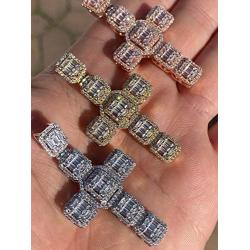 Harlembling Solid 925 Sterling Silver - Mens Iced Baguette Cross Pendant - Flooded Out Fits Up to 6mm Necklace (Rose Gold Finish)