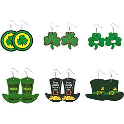 6 Pairs Funny Green Hat Faux Leather Earrings Irish Shamrock Dangle Earrings Green Clover Lightweight Earrings Set for Women Girls St. Patricks Day Party Jewelry Gift