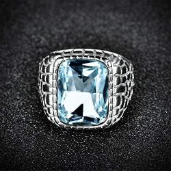 Syink Hypoallergenic Stainless Steel Ring Wedding Bands for Him, Large Aquamarine Color Stone Rings with Snake Pattern Engagement Promise Jewelry