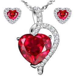 MABELLA Heart Simulated Red Ruby Pendant Necklace Stud Earrings Sterling Silver Jewelry Set for Women