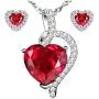 MABELLA Heart Simulated Red Ruby Pendant Necklace Stud Earrings Sterling Silver Jewelry Set for Women