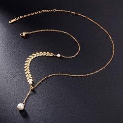 AMYJANE Leaf Pearl Circle Choker Necklace CZ Station Y Necklace 18k Gold/Rose Gold Plated Stainless Steel Lariat Style Necklace Pendant Chain Y Necklace for Women Girls Costume Jewelry