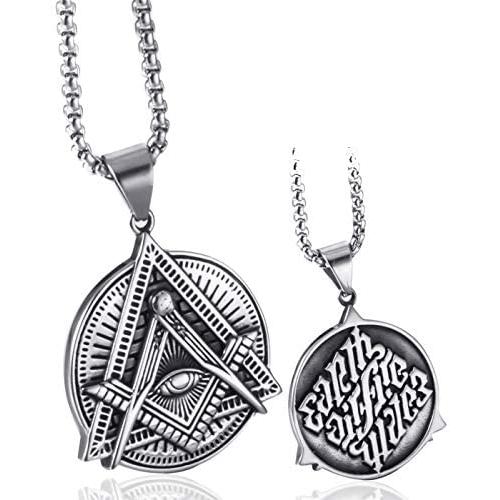 Elfasio Freemason Symbol Masonic Necklace for Men Illuminati All Seeing Eye/Eye of Gold Both Sided Stainless Steel Pendant Jewelry