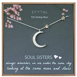 EFYTAL Best Friend Gifts, 925 Sterling Silver CZ Crescent Moon & Stars Necklace, Friendship Necklaces for Soul Sisters, Unbiological Sister or BFF
