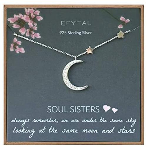 EFYTAL Best Friend Gifts, 925 Sterling Silver CZ Crescent Moon & Stars Necklace, Friendship Necklaces for Soul Sisters, Unbiological Sister or BFF