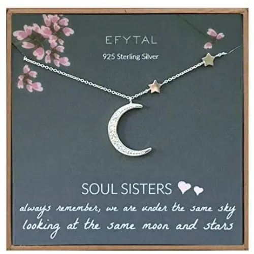 EFYTAL Best Friend Gifts, 925 Sterling Silver CZ Crescent Moon & Stars Necklace, Friendship Necklaces for Soul Sisters, Unbiological Sister or BFF
