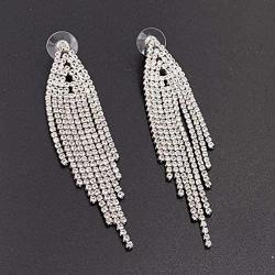 SELOVO Bohemian Clear Crystal Chandelier Tassel Bridal Dangle Drop Earrings Chain Silver Tone