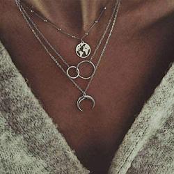 Haloty Boho Moon Pendant Necklaces Silver Dainty Map Circle Beaded Necklace Chain Jewelry for Women and Girls