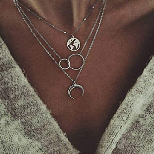 Haloty Boho Moon Pendant Necklaces Silver Dainty Map Circle Beaded Necklace Chain Jewelry for Women and Girls