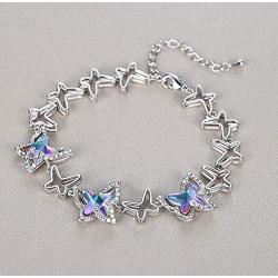 GEMMANCE Butterfly Link Charm Bracelet with Premium Birthstone Crystal, Silver-Tone, 7”+2” Chain