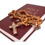 Catholic Olive Wood Rosary Beaded Prayer Cross Crucifixion of Christ Jesus Necklace St. Benedict Decor for Auto Vehicle for Men Women Religious Jewelry Pendant 22 inch