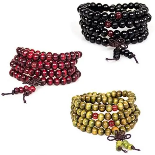 Men Women 3Pcs Buddhist 108 Prayer Mala Beads Sandalwood Bracelet Natural Wood Beaded Necklace Elastic