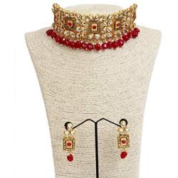SANARA Women Wedding Style Ruby Bridal Necklace Earring Set Indian Bollywood Choker