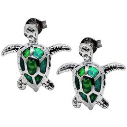 Health and Longevity Sea Turtle Birthstone Jewelry Sterling Silver Created Green Opal Sea Turtle Earring Pendant Necklace Length 18-20 inch
