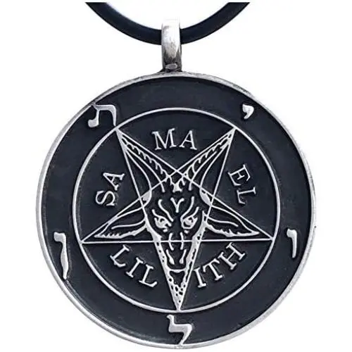 Church of Satan Jewelry The Sigil of Baphomet SAMAEL-LILITH Inverted Pentacle Pentagram Star Satanic Devil LaVeyan Satanism Wicca Witchcraft Pewter Mens Pendant Necklace charm men w Black PVC Cord