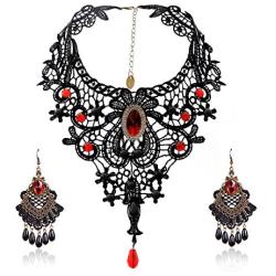 ETERNITY J. Elegant Vintage Black Lace Victorian Lolita Gothic Pendant Choker Necklace Earrings Set