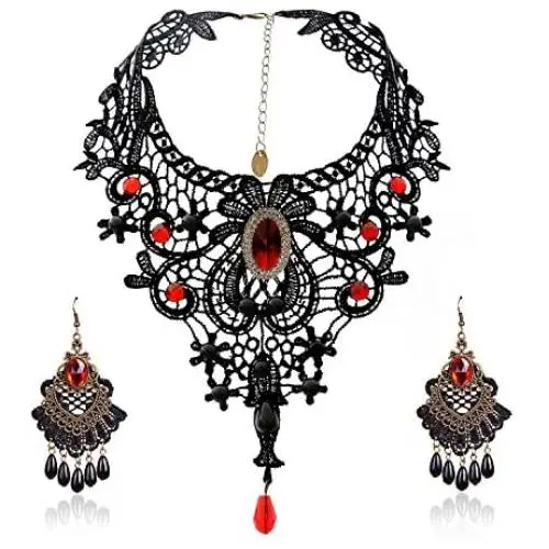 ETERNITY J. Elegant Vintage Black Lace Victorian Lolita Gothic Pendant Choker Necklace Earrings Set ETERNITY J. Elegant Vintage Black Lace Victorian Lolita Gothic Pendant Choker Necklace Earrings Set