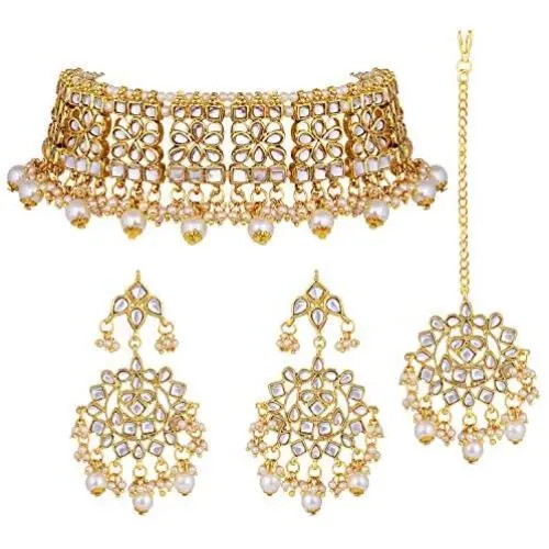 Aheli Elegant Indian Wedding Wear Faux Kundan Studded Choker Necklace with Maang Tikka Set Ethnic Fashion Jewelry for Women Aheli Elegant Indian Wedding Wear Faux Kundan Studded Choker Necklace with Maang Tikka Set Ethnic Fashion Jewelry for Women