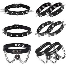 NEWITIN 9 Pieces PU Leather Punk Jewelry Set for Women and Girls Includes 3 Pieces Punk Chokers Leather Chokers and 6 Pieces Punk Bracelets Leather Bracelets, Adjustable Goth Chokers and Wristbands