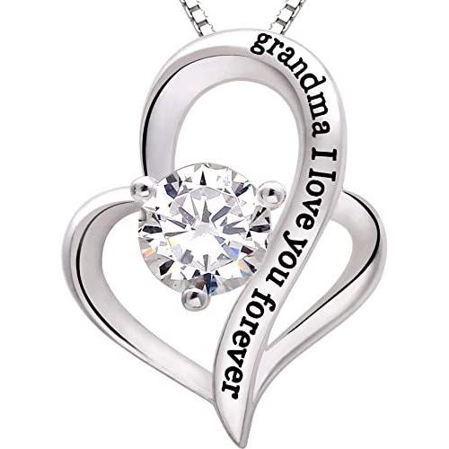 ALOV Jewelry Sterling Silver Grandma I Love You Forever Love Heart Cubic Zirconia Pendant Necklace